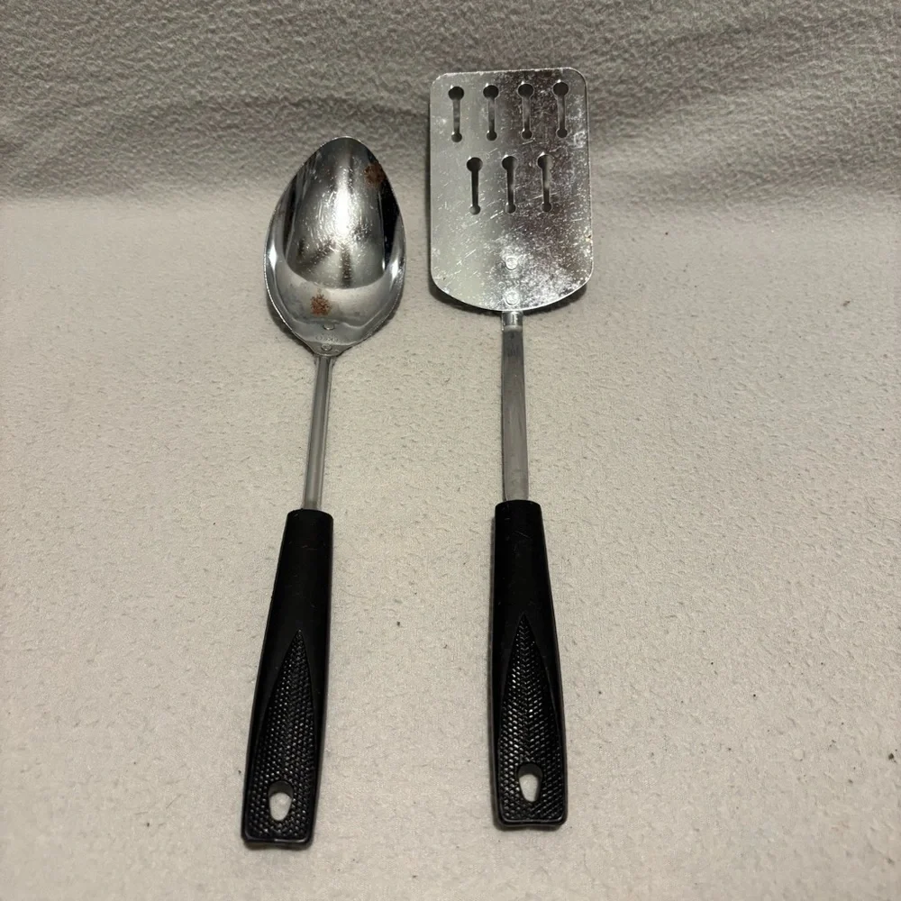 VTG EKCO USA Stainless Keyhole Slotted Spatula Turner black handle and spoon set